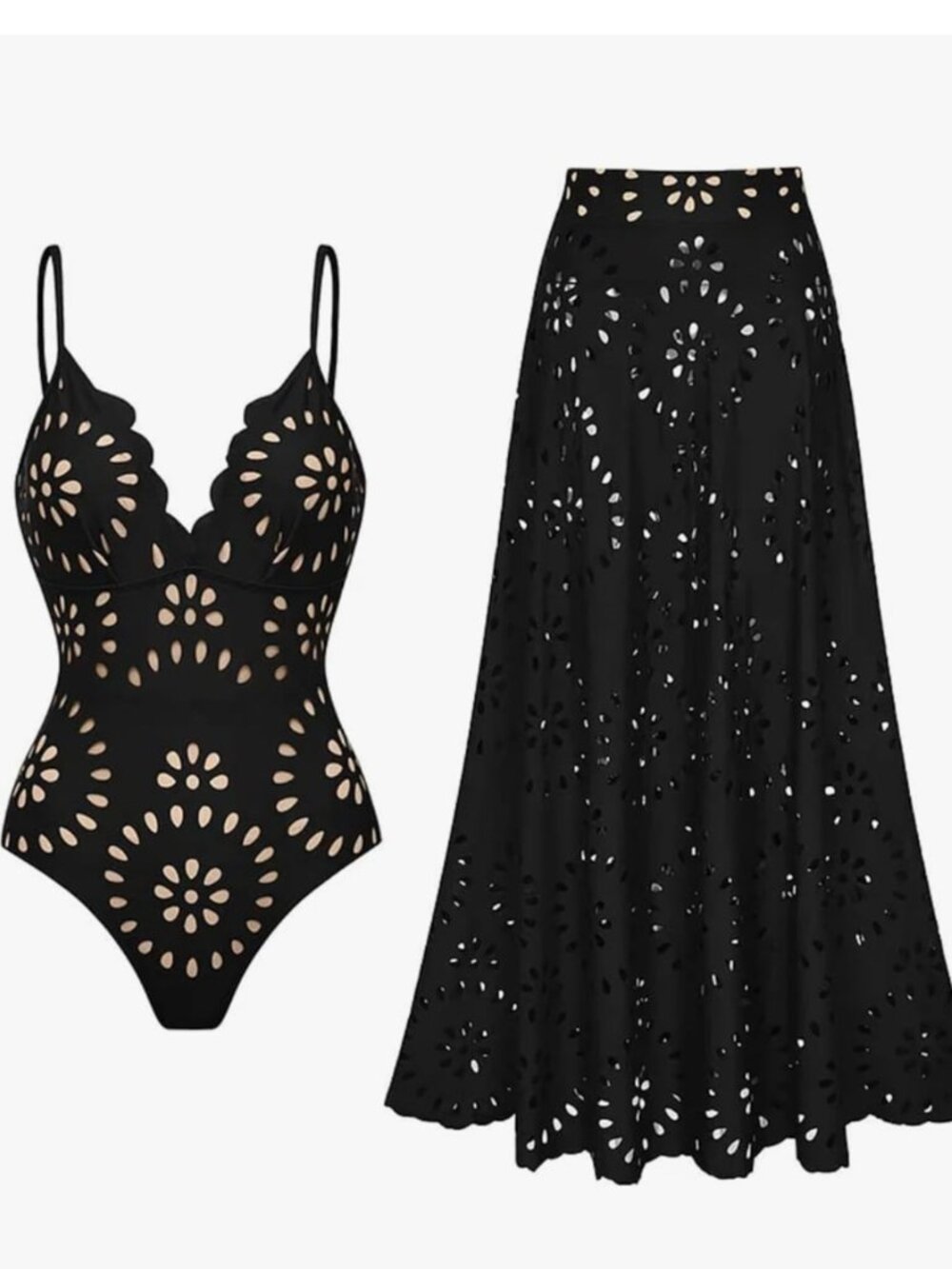 Women One Piece Bathing Suit Petal Hollow V Neck Black swimsuit and Skirt Modest